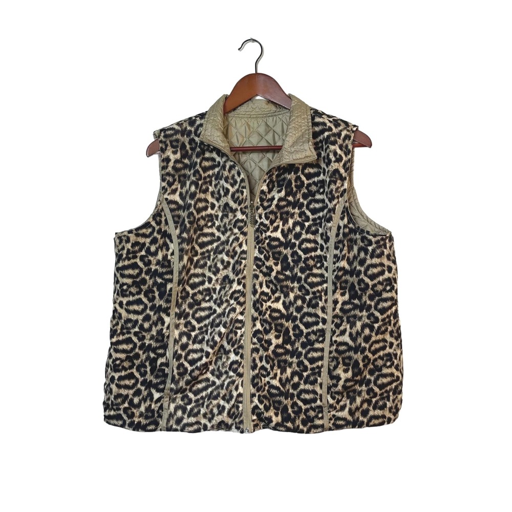 Reversible Vest Leopard Print Quilted Mountain Lake Women's XL | Heritage Chic